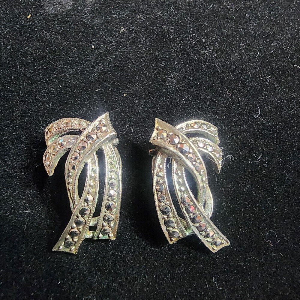 Vintage Marcasite & Clear Rhinestone Climber Clip On Earrings Sparkle Dressy